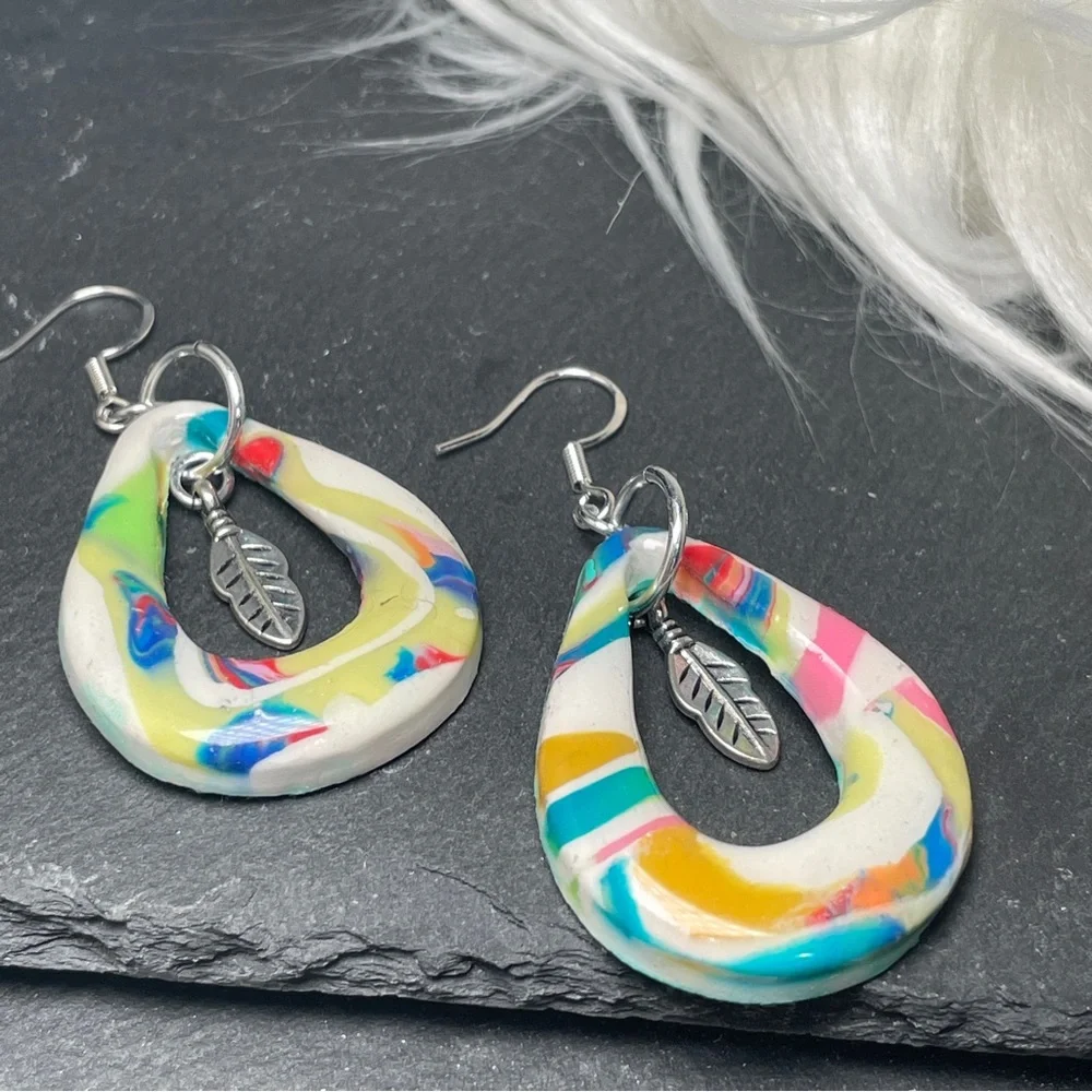 Custom Made Clay Teardrop Earrings With Antique Silver Feather Charms - Picture 7 of 11